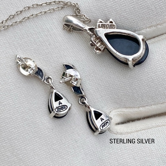 Black Onyx Sterling Silver Post Earrings & Necklace Pendant Set - Vintage - Picture 8 of 14